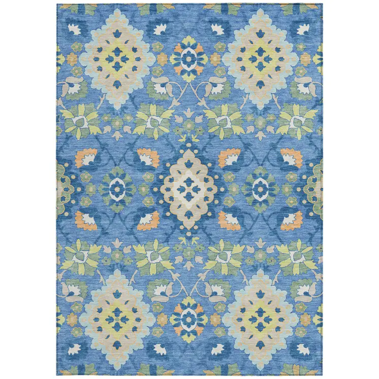 5' X 8' Blue Green And Orange Oriental Washable Indoor Outdoor Area Rug