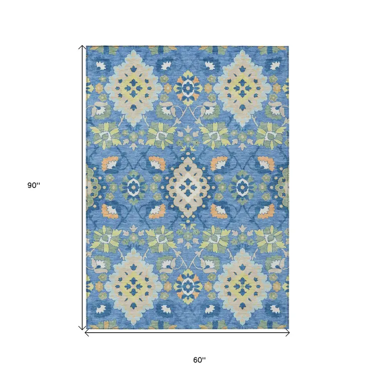 5' X 8' Blue Green And Orange Oriental Washable Indoor Outdoor Area Rug