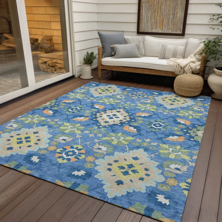 5' X 8' Blue Green And Orange Oriental Washable Indoor Outdoor Area Rug