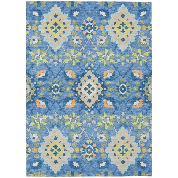 5' X 8' Blue Green And Orange Oriental Washable Indoor Outdoor Area Rug
