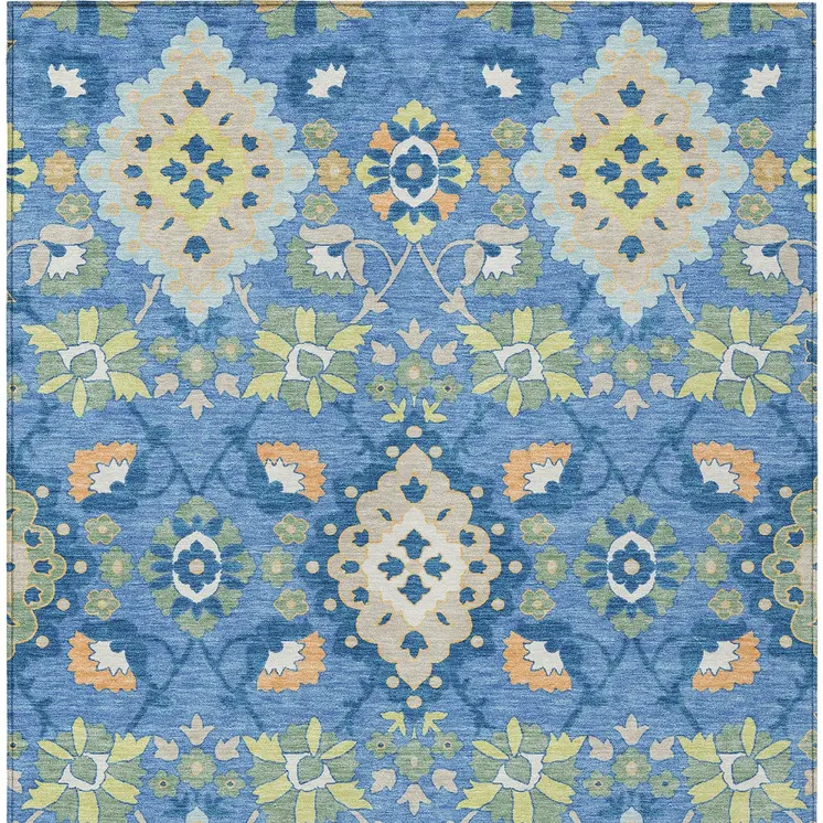5' X 8' Blue Green And Orange Oriental Washable Indoor Outdoor Area Rug