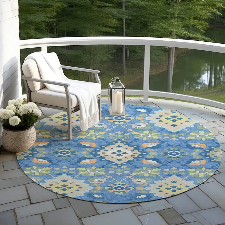 8' Blue Green And Orange Round Oriental Washable Indoor Outdoor Area Rug