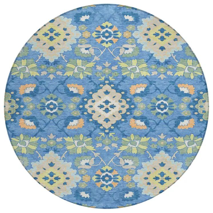 8' Blue Green And Orange Round Oriental Washable Indoor Outdoor Area Rug