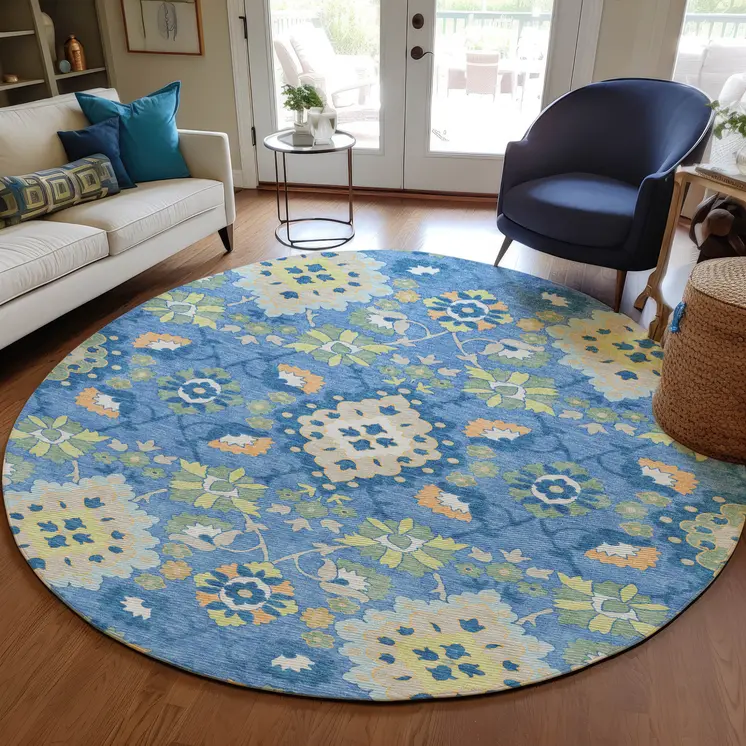 8' Blue Green And Orange Round Oriental Washable Indoor Outdoor Area Rug