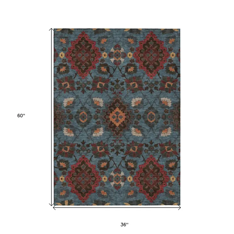 3' X 5' Denim Blue Brick Red And Brown Oriental Washable Indoor Outdoor Area Rug