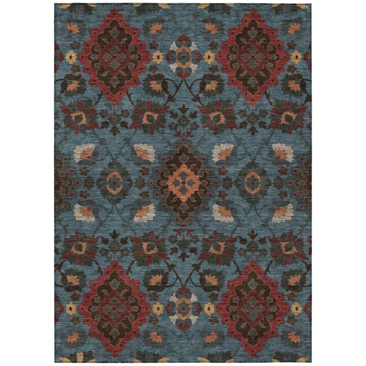 3' X 5' Denim Blue Brick Red And Brown Oriental Washable Indoor Outdoor Area Rug