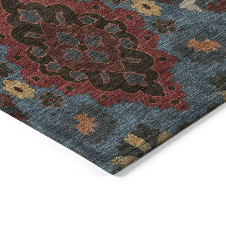 3' X 5' Denim Blue Brick Red And Brown Oriental Washable Indoor Outdoor Area Rug