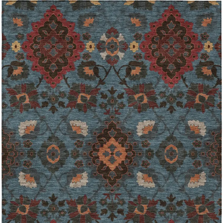 3' X 5' Denim Blue Brick Red And Brown Oriental Washable Indoor Outdoor Area Rug