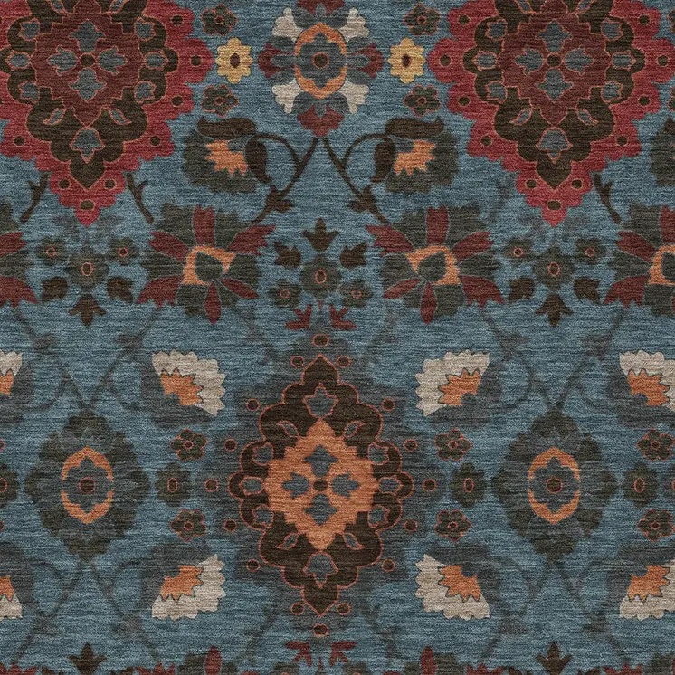 5' X 8' Denim Blue Brick Red And Brown Oriental Washable Indoor Outdoor Area Rug