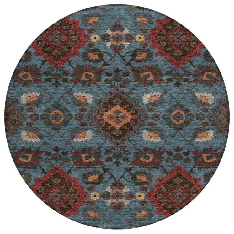 8' Denim Blue Brick Red And Brown Round Oriental Washable Indoor Outdoor Area Rug