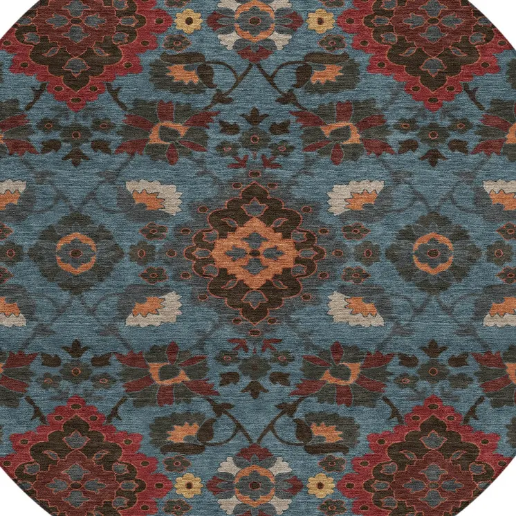 8' Denim Blue Brick Red And Brown Round Oriental Washable Indoor Outdoor Area Rug