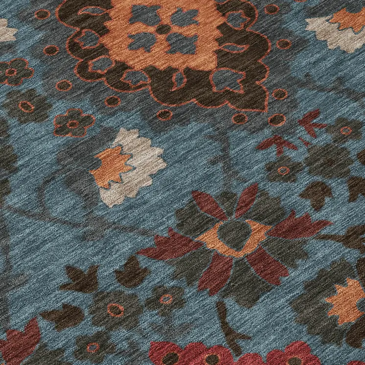 8' Denim Blue Brick Red And Brown Round Oriental Washable Indoor Outdoor Area Rug