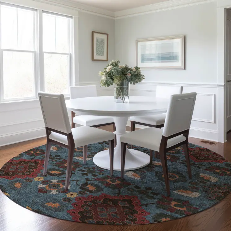 8' Denim Blue Brick Red And Brown Round Oriental Washable Indoor Outdoor Area Rug