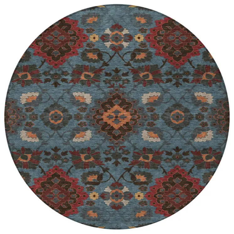 8' Denim Blue Brick Red And Brown Round Oriental Washable Indoor Outdoor Area Rug