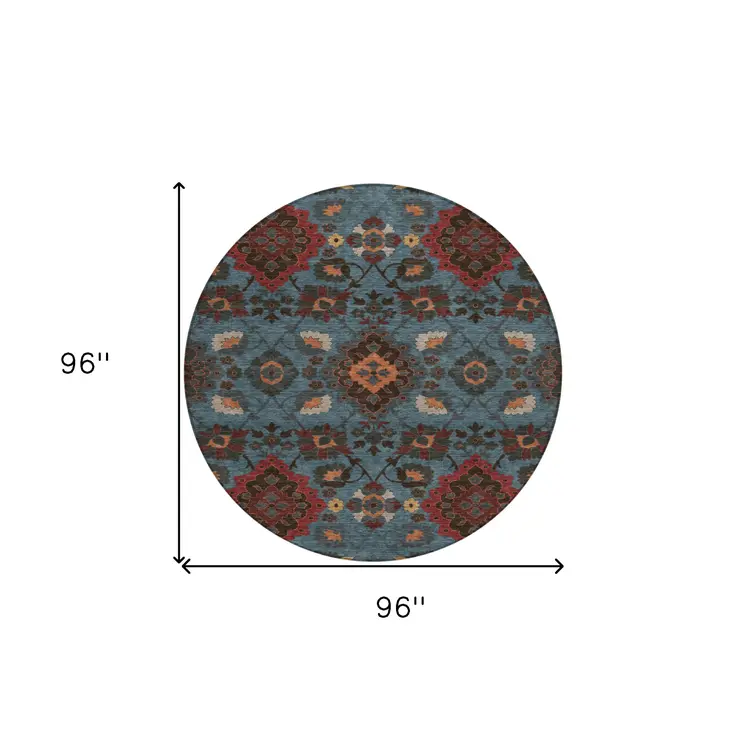 8' Denim Blue Brick Red And Brown Round Oriental Washable Indoor Outdoor Area Rug