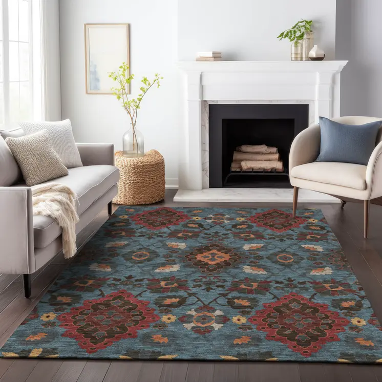 8' X 10' Denim Blue Brick Red And Brown Oriental Washable Indoor Outdoor Area Rug