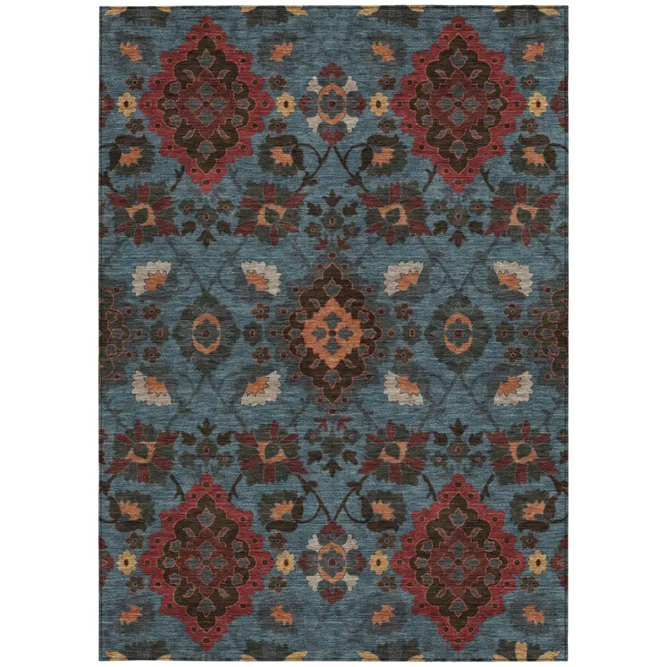 9' X 12' Denim Blue Brick Red And Brown Oriental Washable Indoor Outdoor Area Rug