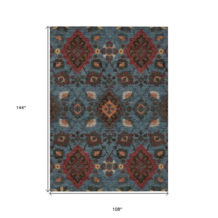 9' X 12' Denim Blue Brick Red And Brown Oriental Washable Indoor Outdoor Area Rug