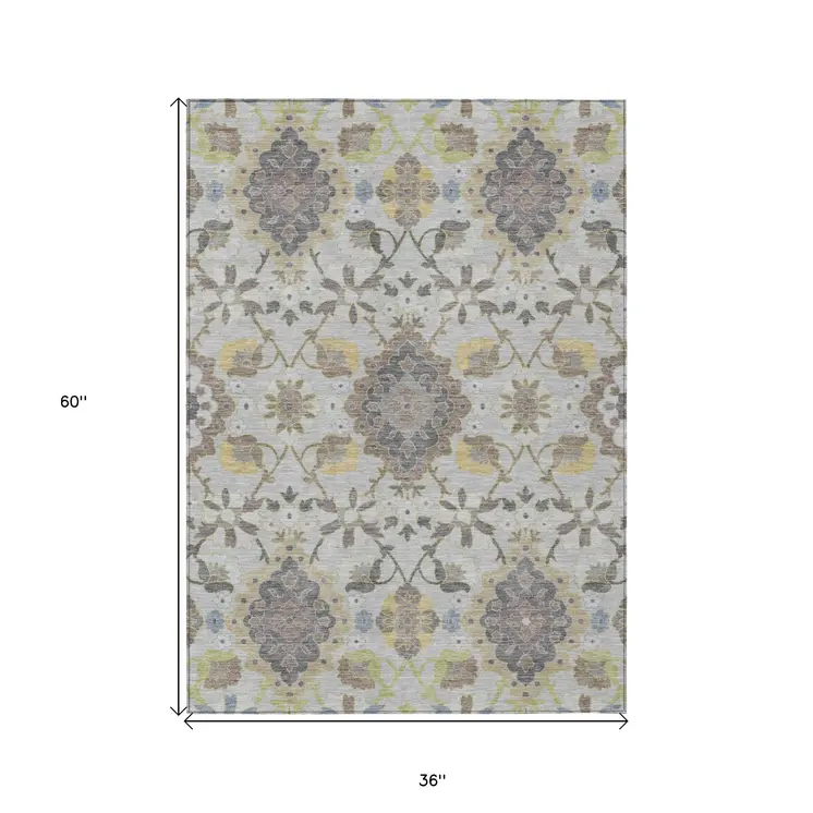 3' X 5' Gray Green And Brown Oriental Washable Indoor Outdoor Area Rug