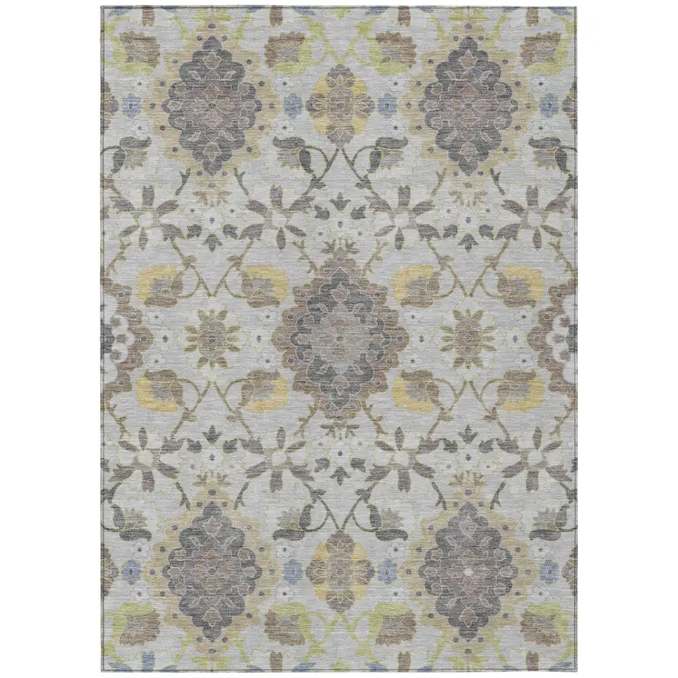 3' X 5' Gray Green And Brown Oriental Washable Indoor Outdoor Area Rug