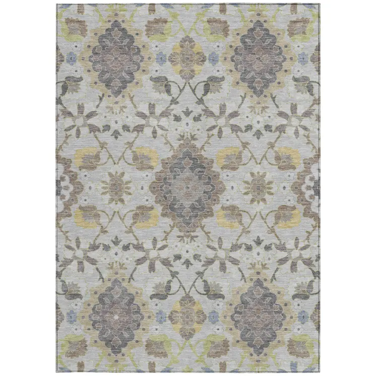 5' X 8' Gray Green And Brown Oriental Washable Indoor Outdoor Area Rug