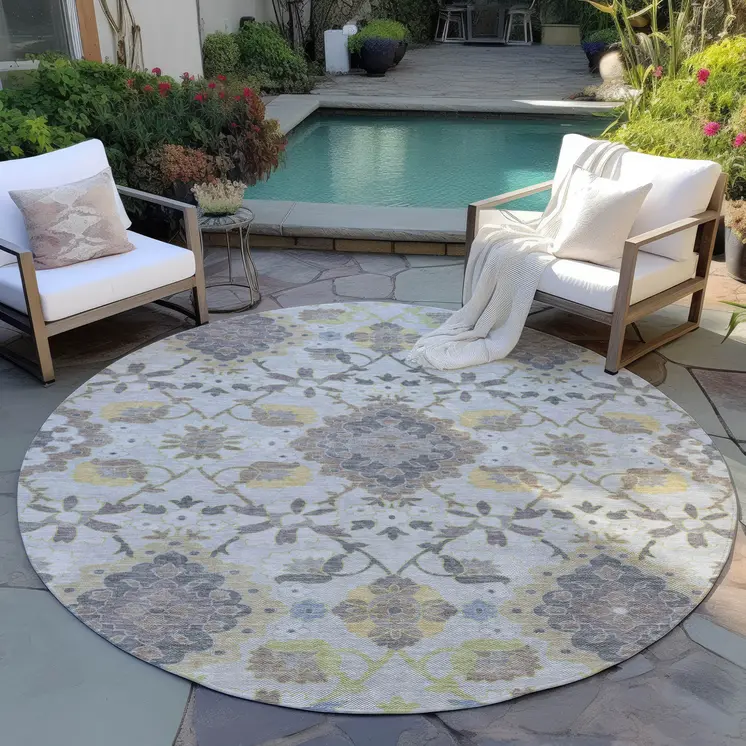 8' Gray Green And Brown Round Oriental Washable Indoor Outdoor Area Rug