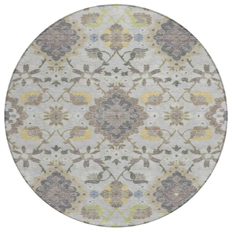 8' Gray Green And Brown Round Oriental Washable Indoor Outdoor Area Rug
