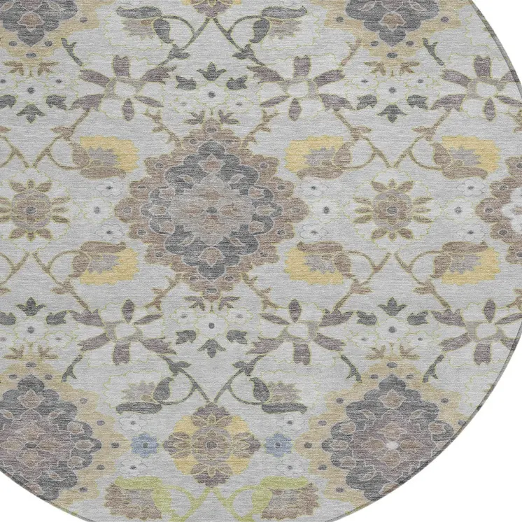 8' Gray Green And Brown Round Oriental Washable Indoor Outdoor Area Rug