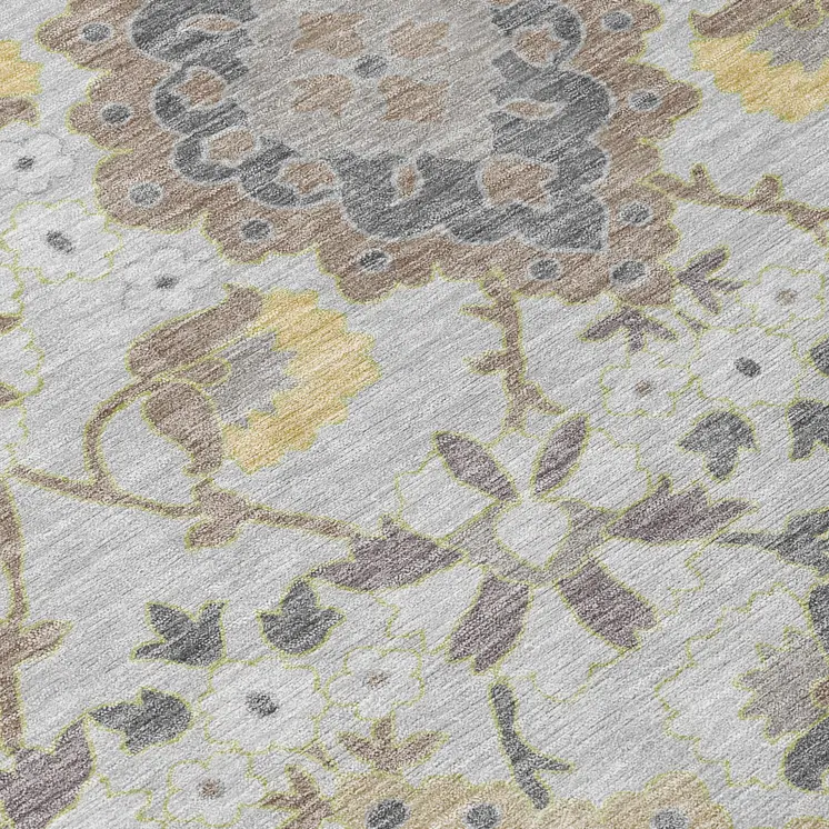 8' Gray Green And Brown Round Oriental Washable Indoor Outdoor Area Rug