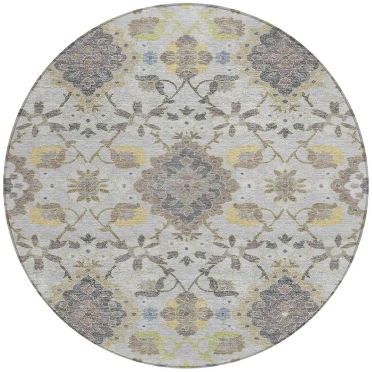 8' Gray Green And Brown Round Oriental Washable Indoor Outdoor Area Rug