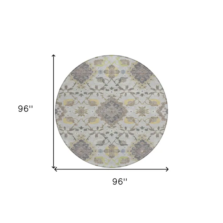 8' Gray Green And Brown Round Oriental Washable Indoor Outdoor Area Rug