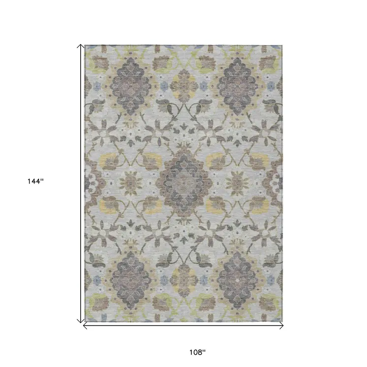 9' X 12' Gray Green And Brown Oriental Washable Indoor Outdoor Area Rug