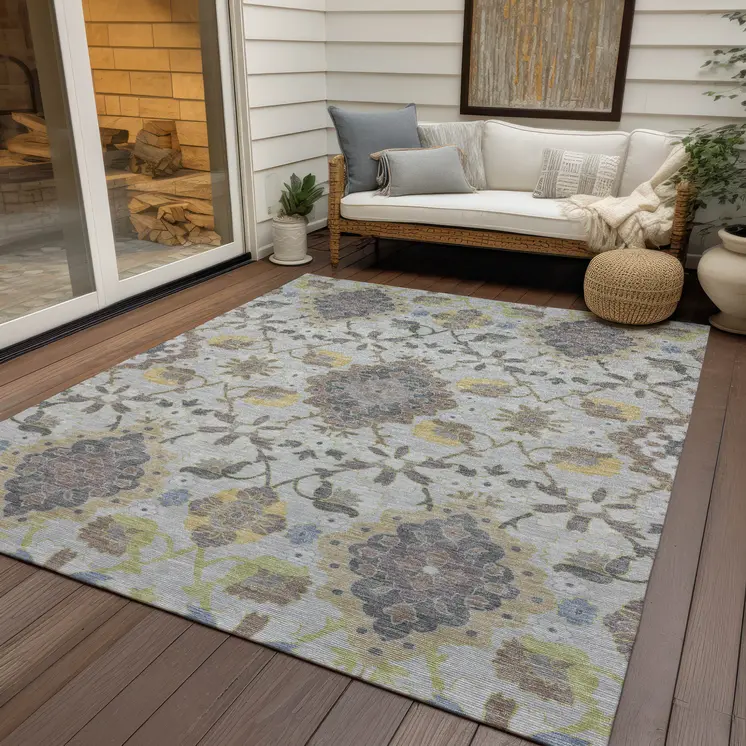 9' X 12' Gray Green And Brown Oriental Washable Indoor Outdoor Area Rug