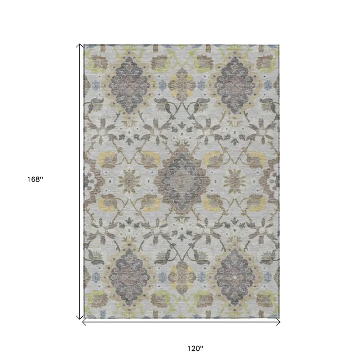 10' X 14' Gray Green And Brown Oriental Washable Indoor Outdoor Area Rug