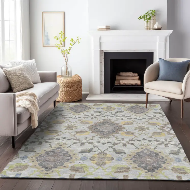 10' X 14' Gray Green And Brown Oriental Washable Indoor Outdoor Area Rug