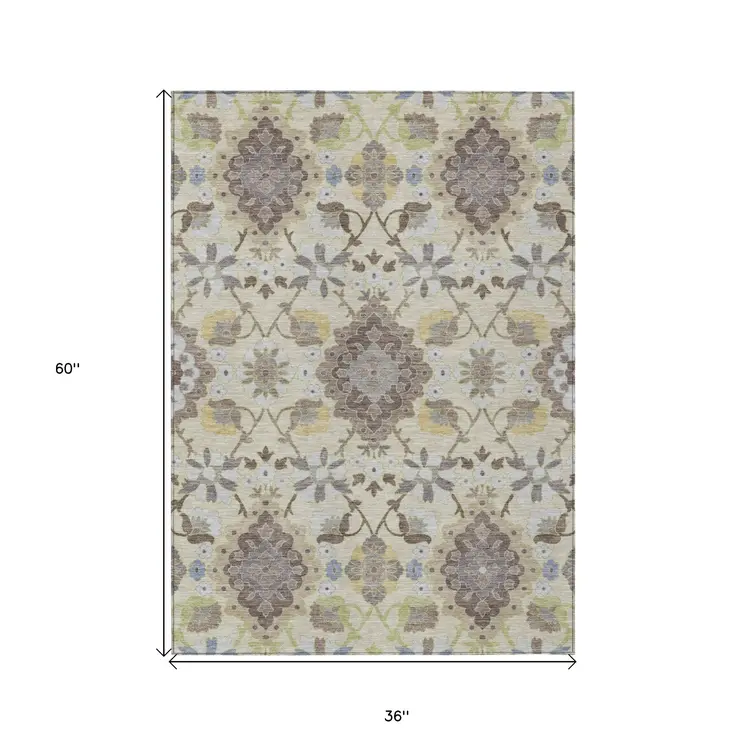 3' X 5' Ivory Brown And Green Oriental Washable Indoor Outdoor Area Rug
