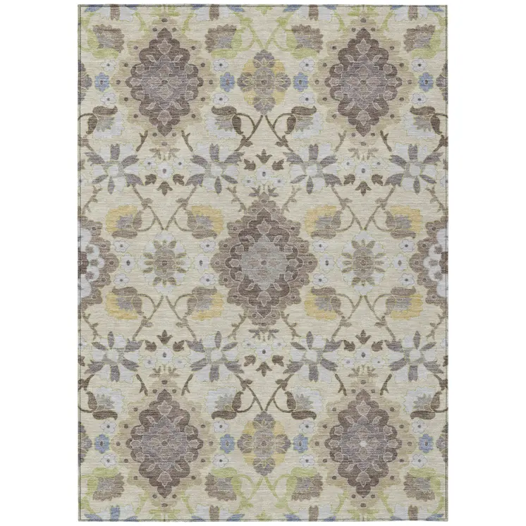 5' X 8' Ivory Brown And Green Oriental Washable Indoor Outdoor Area Rug