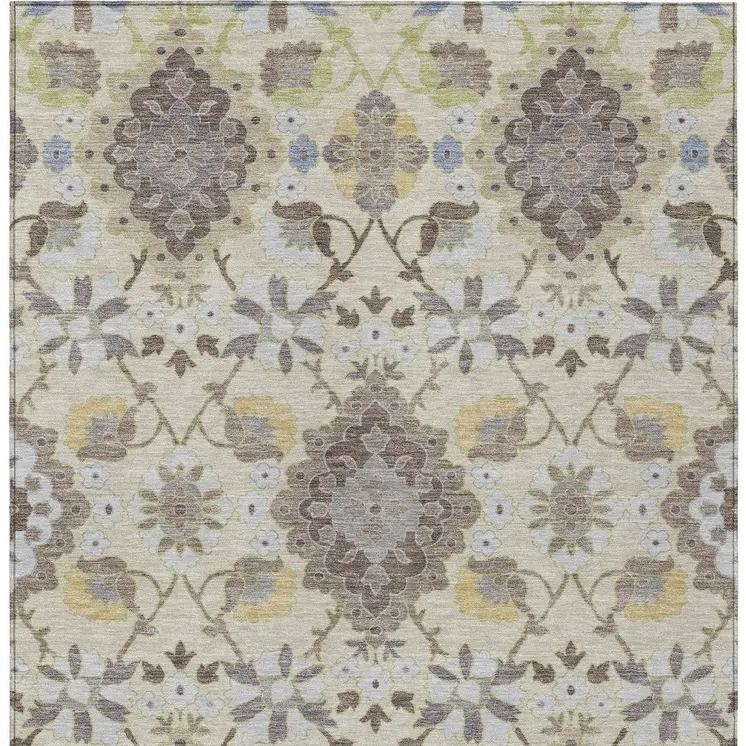 5' X 8' Ivory Brown And Green Oriental Washable Indoor Outdoor Area Rug