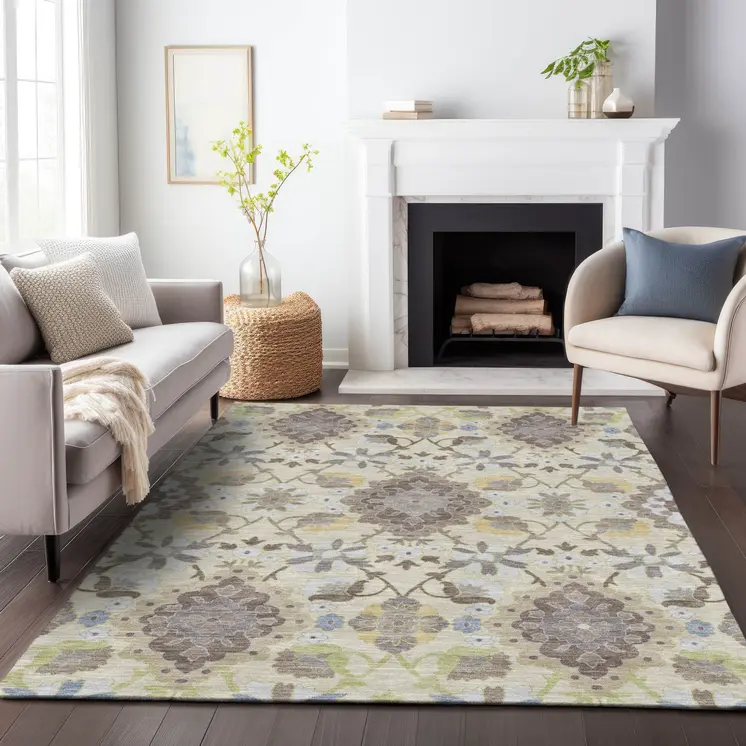 5' X 8' Ivory Brown And Green Oriental Washable Indoor Outdoor Area Rug