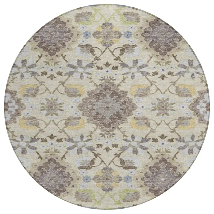 8' Ivory Brown And Green Round Oriental Washable Indoor Outdoor Area Rug