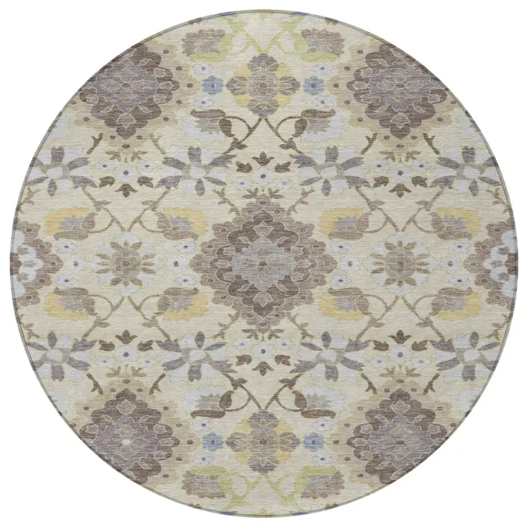 8' Ivory Brown And Green Round Oriental Washable Indoor Outdoor Area Rug