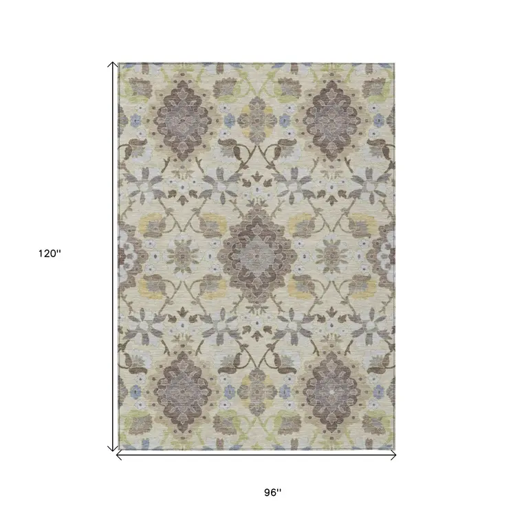 8' X 10' Ivory Brown And Green Oriental Washable Indoor Outdoor Area Rug