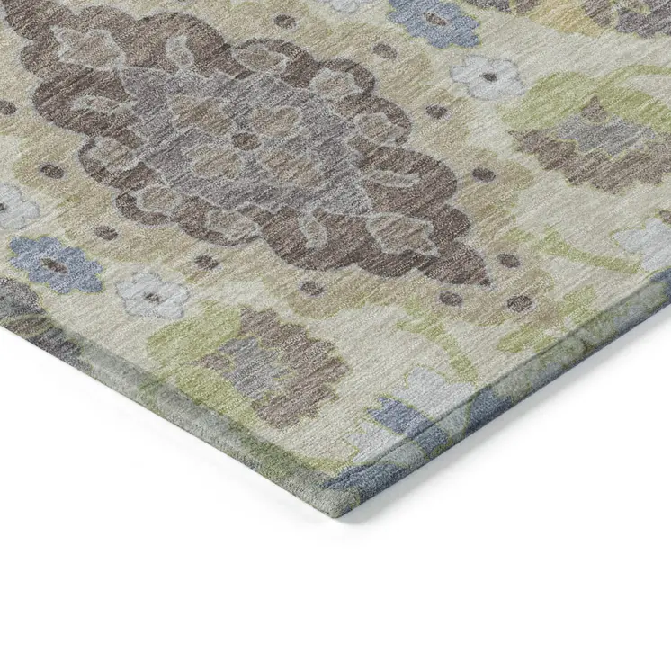 8' X 10' Ivory Brown And Green Oriental Washable Indoor Outdoor Area Rug