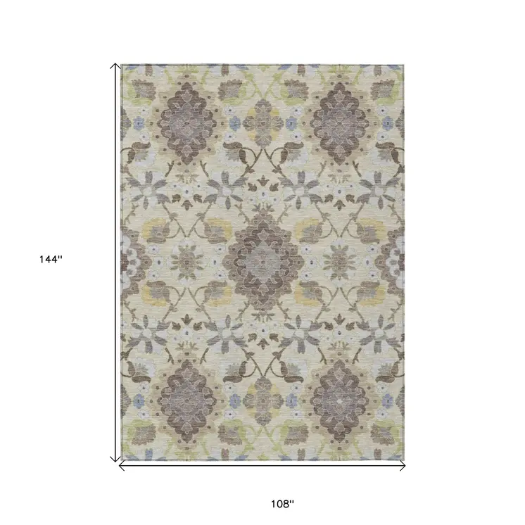 9' X 12' Ivory Brown And Green Oriental Washable Indoor Outdoor Area Rug