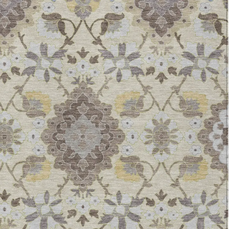 9' X 12' Ivory Brown And Green Oriental Washable Indoor Outdoor Area Rug