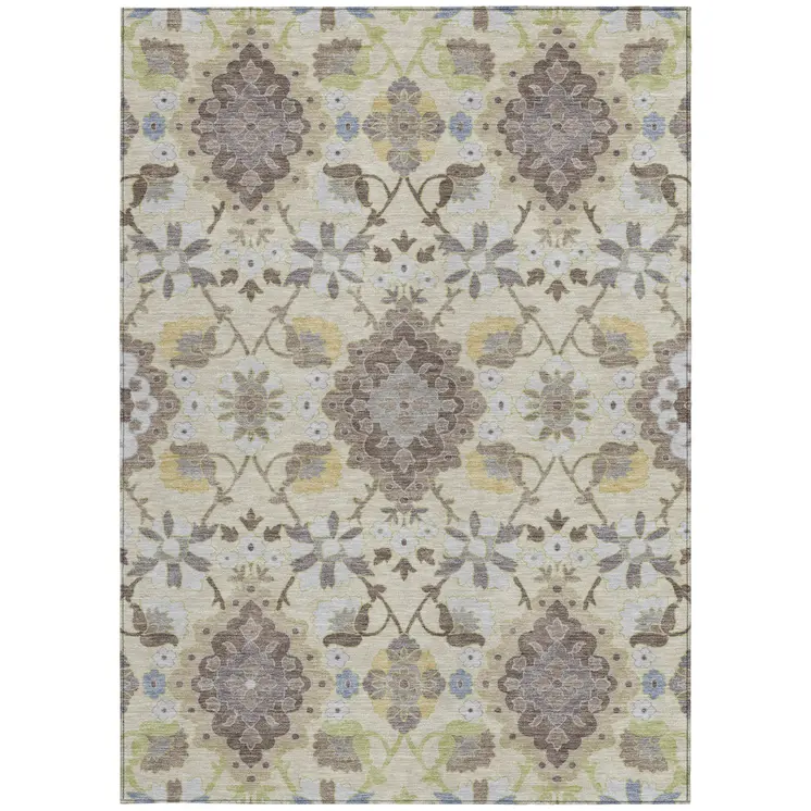 10' X 14' Ivory Brown And Green Oriental Washable Indoor Outdoor Area Rug