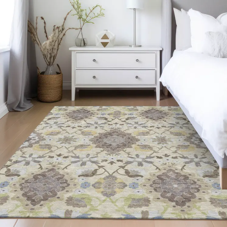 10' X 14' Ivory Brown And Green Oriental Washable Indoor Outdoor Area Rug