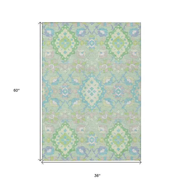 3' X 5' Mint Green Blue And Ivory Oriental Washable Indoor Outdoor Area Rug