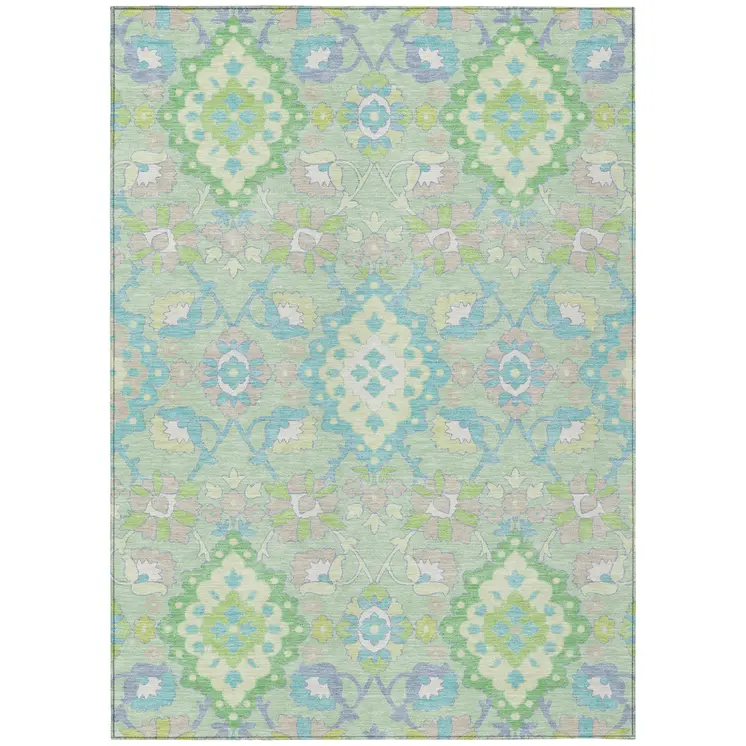 5' X 8' Mint Green Blue And Ivory Oriental Washable Indoor Outdoor Area Rug