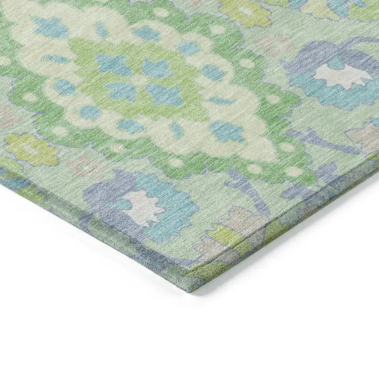 5' X 8' Mint Green Blue And Ivory Oriental Washable Indoor Outdoor Area Rug